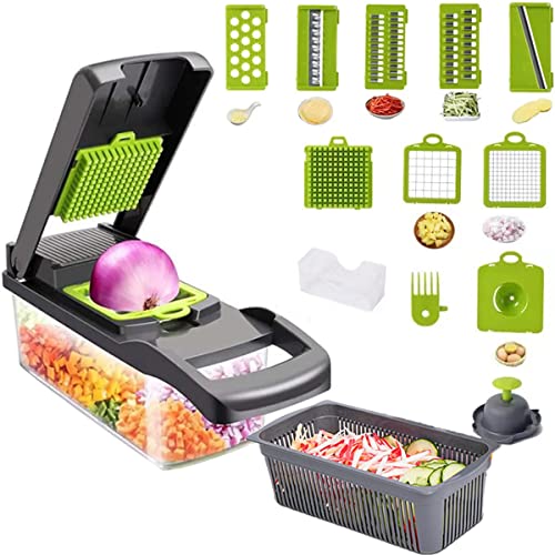 Vegetable Chopper, AUELEK 12 in 1 Onion Mincer Chopper Dicer Mandoline Slicer, Fruit Food Chopper Vegetable Spiralizer Onion Cutter,Veggie Slicer Manual for Garlic, Cabbage, Carrot, Potato,Salad