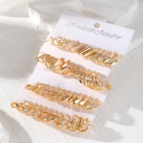 16-24 Pairs Gold Silver Black Earring Set for Women, Chunky Earring Multipack Punk Trendy Big Small Stud Hoop Earring Lightweight Twisted Pearl Ear Pack For Daily Birthday Party Gift2