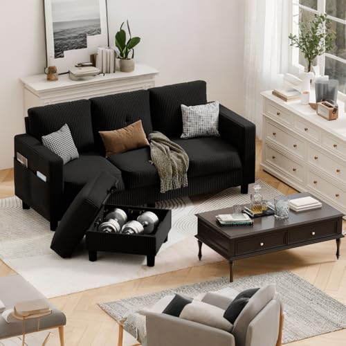 JAMFLY Convertible Sectional Couches for Living Room, L-Shaped Couch 3 Seat Sectional Sofa Set with Corduroy Fabric and Movable Ottoman Small Couch for Apartments, Office(Black)