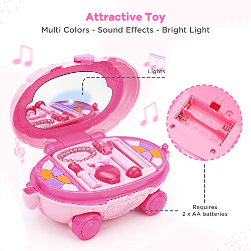 KKONES Pretend Makeup for Girls - 16 Piece Play Makeup Set- Exquisite Cosmetic case with Colorful LED and Music - Realistic Toys Makeup Set for Girls Party Game Birthday Best Gift - Thumbnail 6