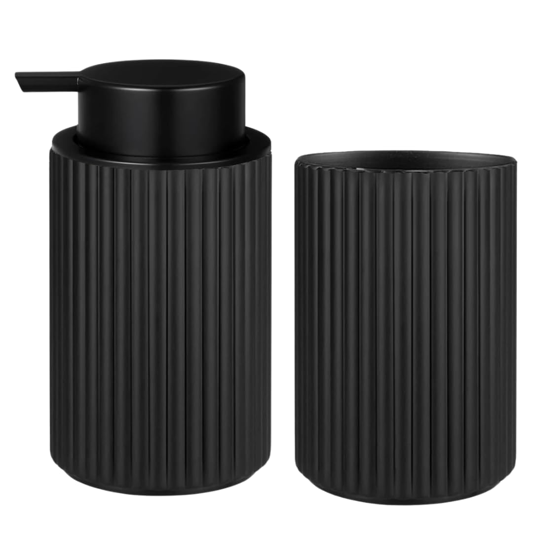 Juego dispensador jabon baño y Vaso, dispensador de jabón y portacepillos para baño Moderno 300ml, Accesorios Cocina y baño, jabón líquido y Gel Recargable, Botella de jabón