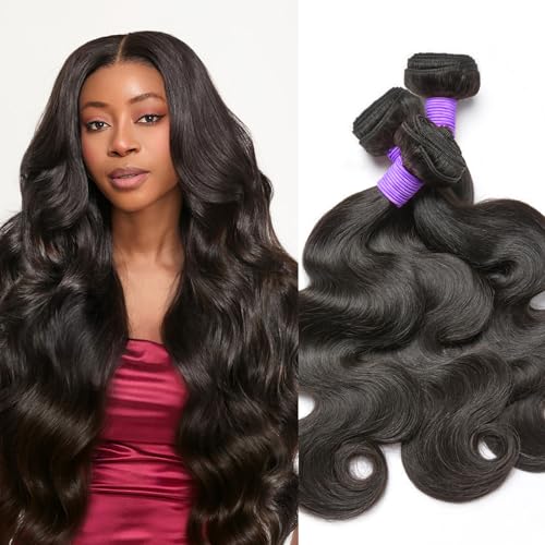 Luvme Body Wave 3 Bundles Human Hair, 16 18 20 Inch 100% Real Brazilian Virgin Human Hair, Natural Black Weave Extensions, Soft and Full Human Hair Bundles for Quick Weave & Sew In