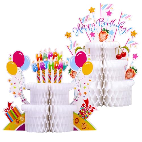 2 Pieces Happy Birthday Decorations Birthday Cake Honeycomb Centerpiece Birthday Party Supplies Colorful Table Decor for Kids Women Adults