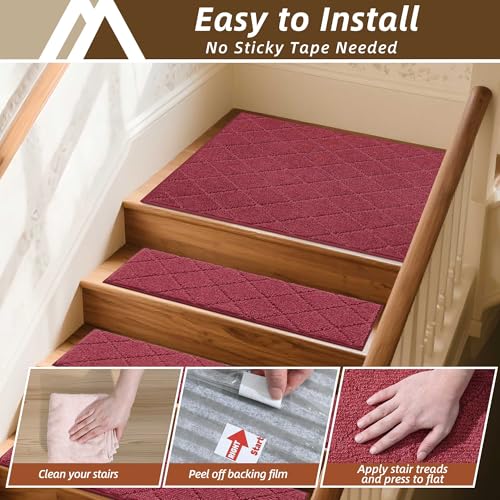 Image of COSY HOMEER Stair Landing Rugs Non-Slip Corner Indoor Edging Stair Treads for Wooden Steps,Washable Soft Stair Landing Mat for Kids,Elder and Dogs,Polyester,TPE Backing,Red,30x30inch