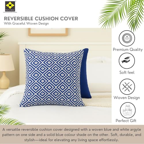 Image of Reversible 18x18 Blue Cotton Argyle Woven Pack of 1 Fashion Throw Pillow Covers Cases for Couch Sofa Home Decoration | 45x 45 cm