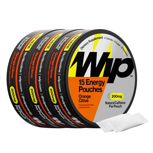 Image of Wip Energy Pouches, Sugar Free Blend with 200 MG Natural Caffeine, B Vitamins, Minerals & L Theanine for Energy Support, Pre Workout for Active Lifestyles, Orange Citrus, 3 Cans, 15 Pouches per can