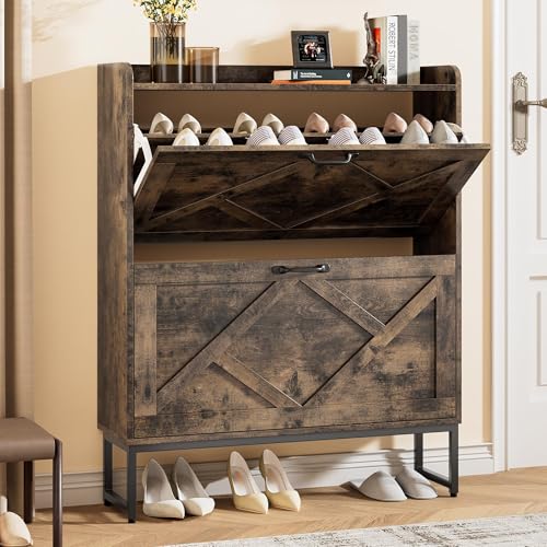 Image of Nicetree Shoe Cabinet with 2 Flip Drawers, Freestanding Shoe Storage Cabinet with Metal Legs, Farmhouse Shoe Organizer for Entryway, Foyer, Hallway