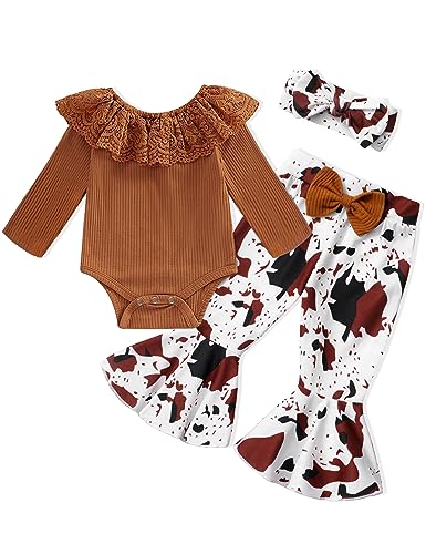 Image of Ribabz Baby Girl Clothes, Baby Girl Outfits Lace Ruffle Long Sleeve Romper Flared Pants Headband 3Pcs Fall Winter Outfits Set
