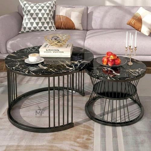 Image of MELVON Lightweight Nesting Coffee Table Set of 2, Full Black Metal Frame with Black Marble Look Top, Round Center & Side Tables for Living Room