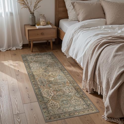 GENIMO 2x6 Runner Rugs for Hallway, Machine Washable Non Slip Vintage Rugs, Low Pile Lightweight Soft Print Rug for enrtyway, Corridor, Home Office, Kitchen, Warm Taupe