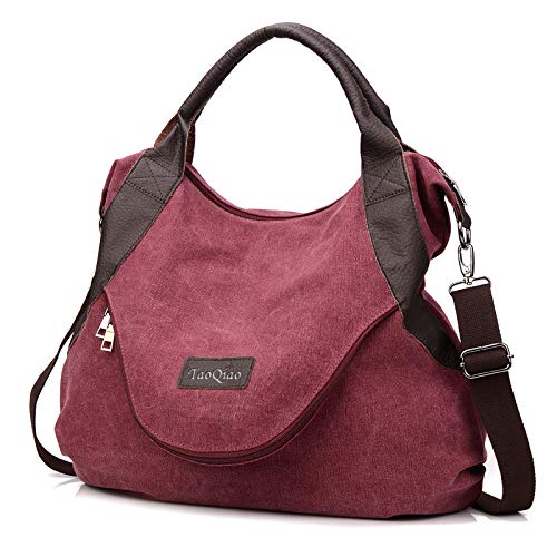 xiaoxiongmao Large Pocket Casual Women's Shoulder Cross body Handbags Canvas Leather Bags Wine red