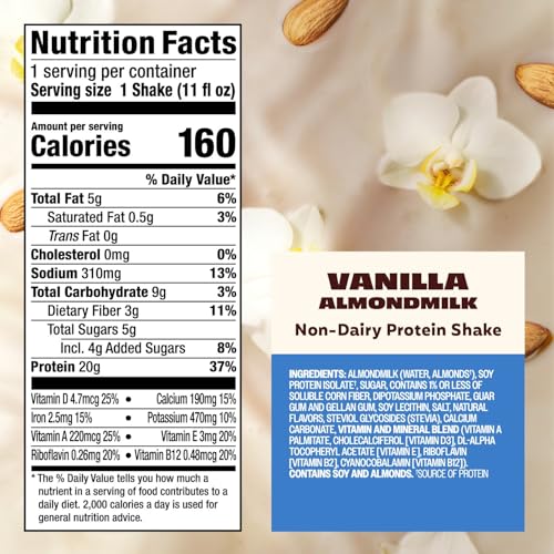 Image of Premier Protein Non-Dairy Plant Based Almondmilk Protein Shake, Vanilla, 20g Protein, 5g Sugar, 11 fl oz, 12 Pack