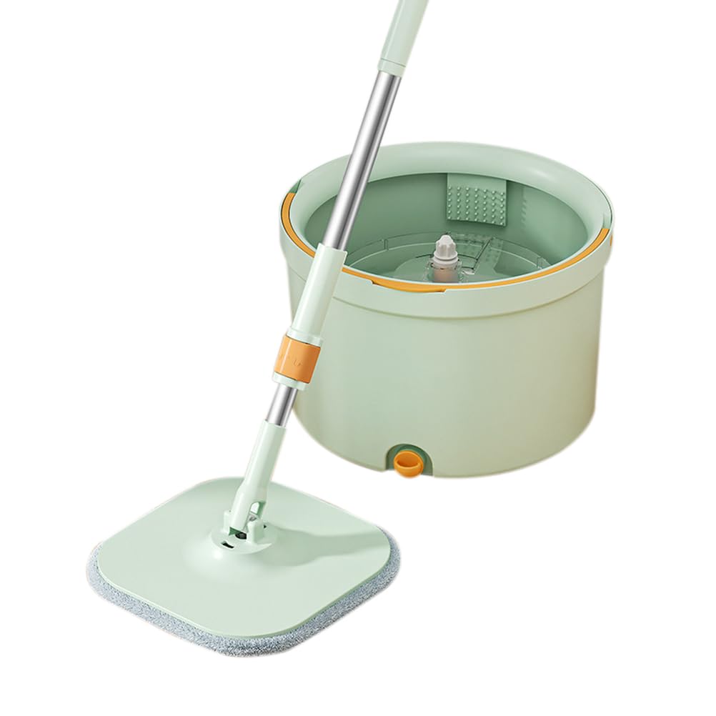 Juego de fregona giratoria y Cubo, Cabezal de fregona y Cubo con escurridor automático y rotación de 360° para Suelos de Madera, baldosas y mármol, Color Verde.