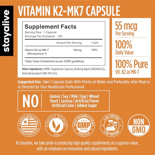 Image of STAY ALIVE Vitamin K2 MK-7 55mcg | High Absorption | 120 Capsules for Strong Bones & Heart Health | Non-GMO, Gluten-Free Vitamin K2 MK7 Supplement For Men and Women