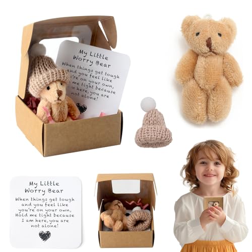 Audasi Worry Bear Hug In A Box, Mini Oso Con Tarjeta Inspiradora Muñeca De Peluches De Peluches Oso Que Piensa En Usted Pronto Se Saluda Pequeño Abrazo De Bolsillo Decoración Llavero Regalo Positivo