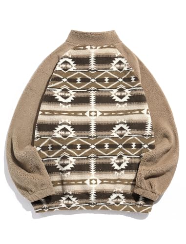 Image of ZAFUL Men 1 /4 Zipper Ethnic Aztec Fleece Unisex Winter Sweatshirt Tops 2026 | Funnel Neck Fluffy Polar Fleece Faux Sherpa Soft Thermal Pullover Kangaroo Pocket Jacket Hoodie Tops