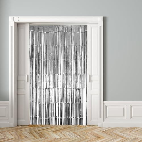Image of Hampton Distribution 10 Pack Silver Foil Fringe Curtains, Silver Tinsel Backdrop Party Curtains, Party Decorations Supplies for Birthday, Holidays, Parties & More