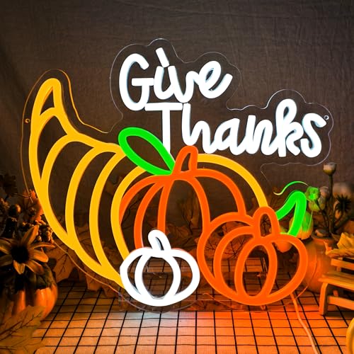 Image of Thanksgiving Neon Sign Pumpkin Neon Sign for Thanksgiving Decoration Give Thanks Sign Dimmable Thanksgiving Neon Light USB Powered for Autumn Harvest Party Wall Decor Gift