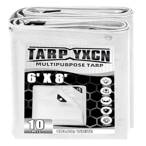 TA*RP YXCN White Tarp 6x8 Feet 10 Mil Thick Waterproof Poly Tarps Cover UV Resistant Rip & Tear Proof with Metal Grommets Every 20 Inches