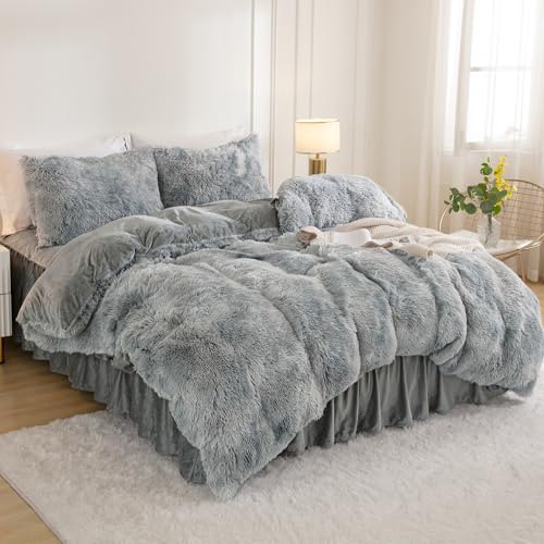Andency Faux Fur Tie-Dyed Grey White Comforter Set Full Size, 3 Pieces Fluffy Fuzzy Plush Bedding Comforter Set (1 Shaggy Velvet Comforter & 2 Pillowcases), Soft Puffy Down Comforter Bedding Set