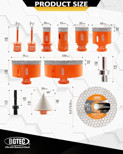 Image of BGTEC Diamond Hole Saw Kit - 11PCS 6 /6 /20 /25 /35 /50 /75 /100mm Drill Bits & 50mm Chamfering Bit & SDS /HEX & 115mm Tile Blade for Porcelain Tile Ceramic Granite Marble Stoneware