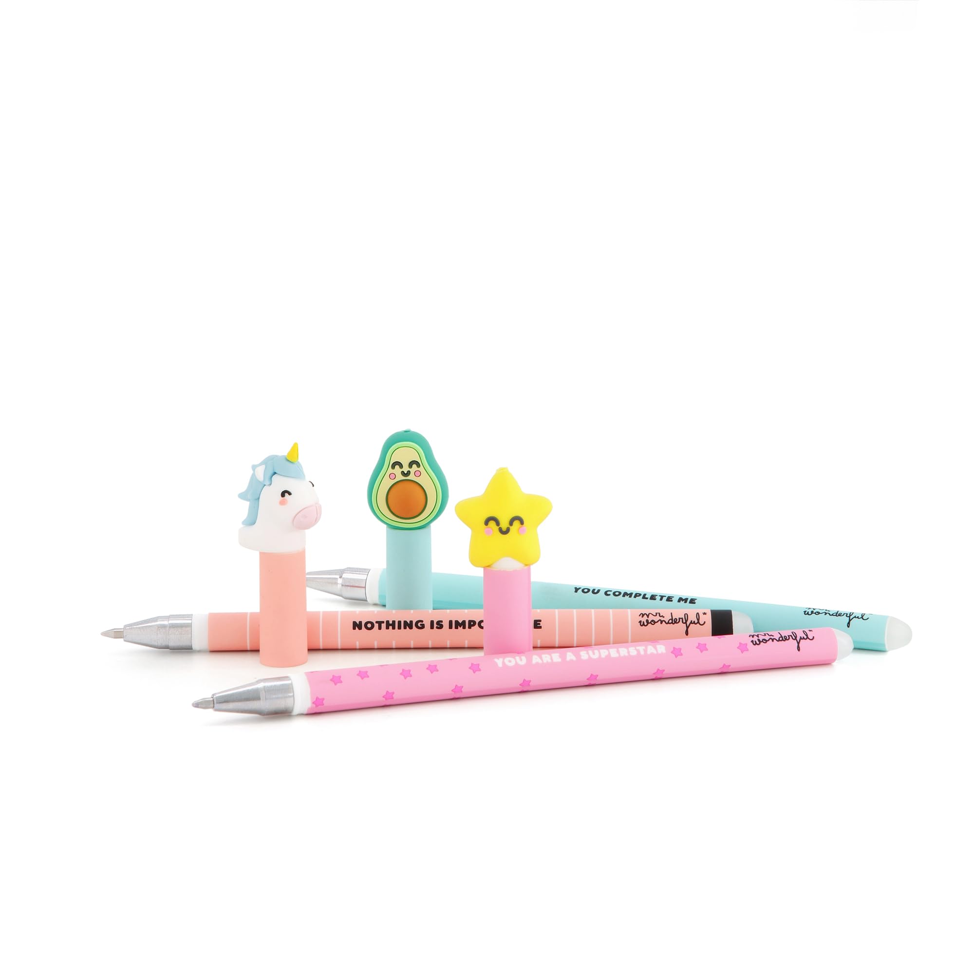 Mr. Wonderful - Set de 3 Bolis borrables Bo-Bo Estrella, Aguacate, Unicornio - Boli con tinta azul