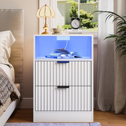 Image of White Night Stand Set 2, LED Nightstand with Charging Station, Fluted Nightstands Set of 2 with 2 Drawers, Wood Side Table End & Bedside Tables for Bedroom Sofa Office
