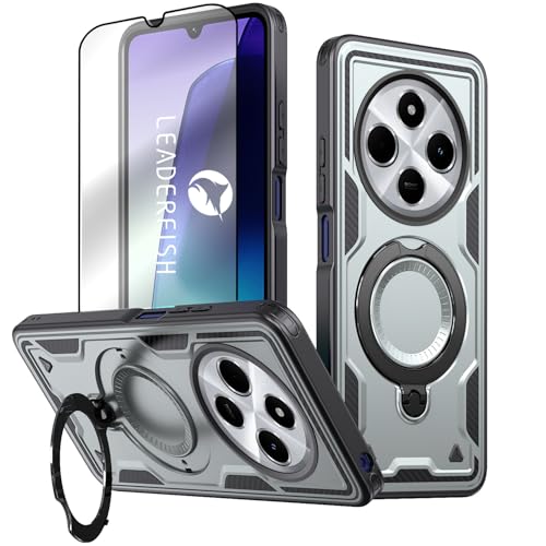 LEADERFISH 【360°回転 縦横両用 スタンド付き】for Xiaomi Redmi 14C ケース MagSafe対応 +ガラスフィルム スタンド 多機能一体 指紋防止 マグセーフ対応 米軍MIL規格 Poco C75 シャオミ レッドミ 14