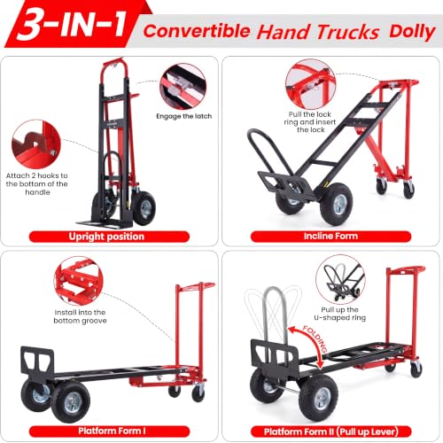 Image of 4-in-1 Convertible Hand Truck Dolly, 1000 LBS Heavy Duty Steel Moving Cart, Multi-Position Folding Utility Cart for Warehouse, Industrial and Home Moving, Red
