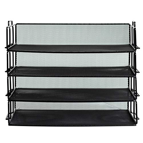 Klickpick Office 4 Tier Stackable Heavy Duty Metal Desktop Letter Tray File Organizer Sorter Desk Document Organizer Shelf Tray Magazine Holder Paper File Newspaper Organizer Tray - Black (Black)