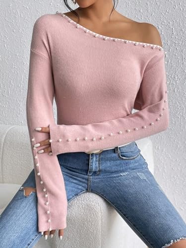 Image of WDIRARA Women's Pearls Beaded One Cold Shoulder Sweater Long Sleeve Asymmetrical Knit Top