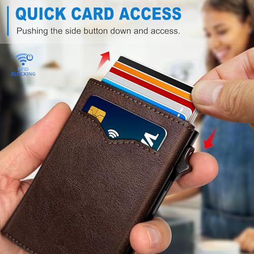Image of miyozi Wallet for Men,with Cash Pocket 2 ID Window 9-13 Cards,Metal Case Smart Slim Pop Up Credit Card Holder Flip with Magnetic Closure RFID Blocking Trifold wallet with Gift Box
