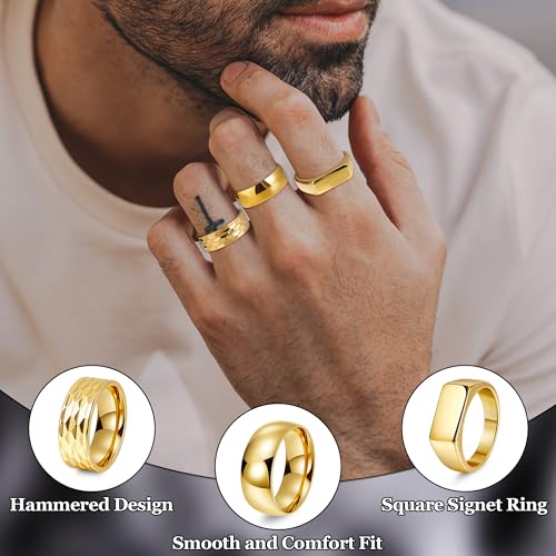 REVOLIA 3Pcs Stainless Steel Rings for Men 8MM Hammered Wedding Ring Set Square Signet Rings Pinky Silver Ring Simple Mens Band Rings Gold/Black/Silver Size 7-134