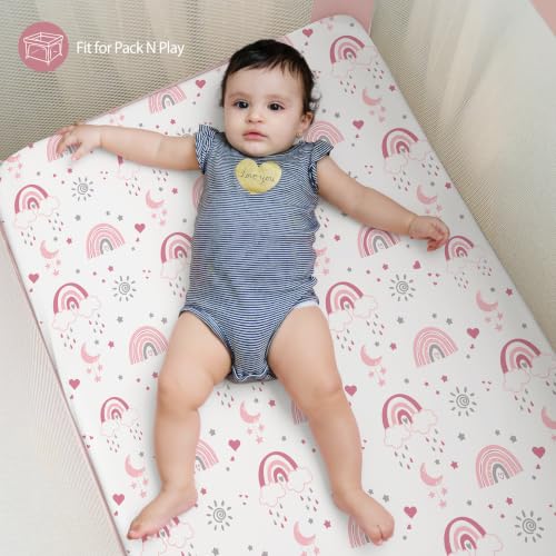 Image of Pack and Play Sheets Fitted, Mini Crib Sheets Girl 38 inch x 26 inch Compatible with Graco Pack n Play and Portable Playard Mattress Pads, 3-Pack Soft Microfiber Pink Rainbow