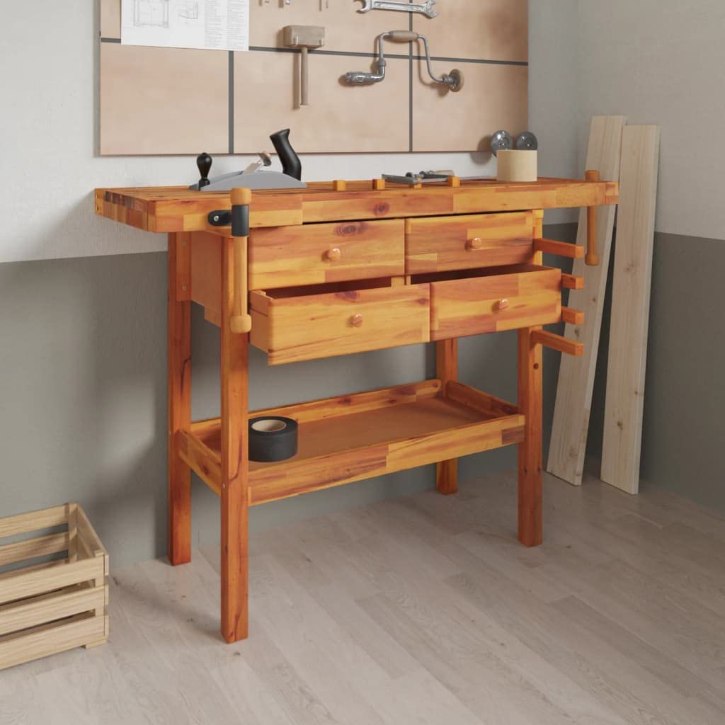 Willood Werkbank mit Schubladen Schraubstöcken 124x52x83 cm Akazienholz