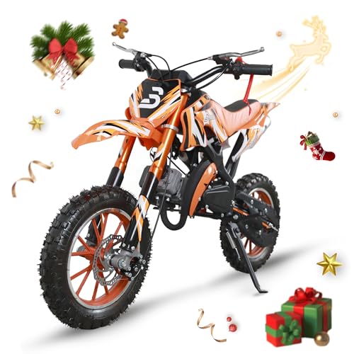 BLAZEGO 49cc Kids Dirt Bike, 2-Stroke Gas Powered Dirt Bike, Motorcycle with Off-Road Tires, Front/Rear Disc Brakes, Shock Absorption, Soft Seat Cushion, Mini Dirtbike for Kids 8-14, Orange