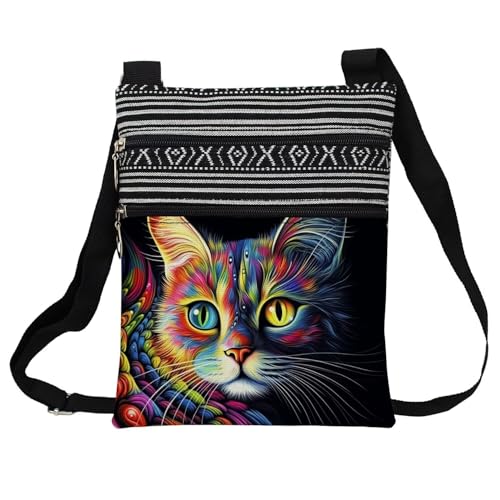 Colorful Cat Messenger Bag Small Ethnic Pattern Printed Adjustable Strap Crossbody Zipper Bag Colorful Cat Phone Bag Wallet Cute Shoulder Handbag for Women -1