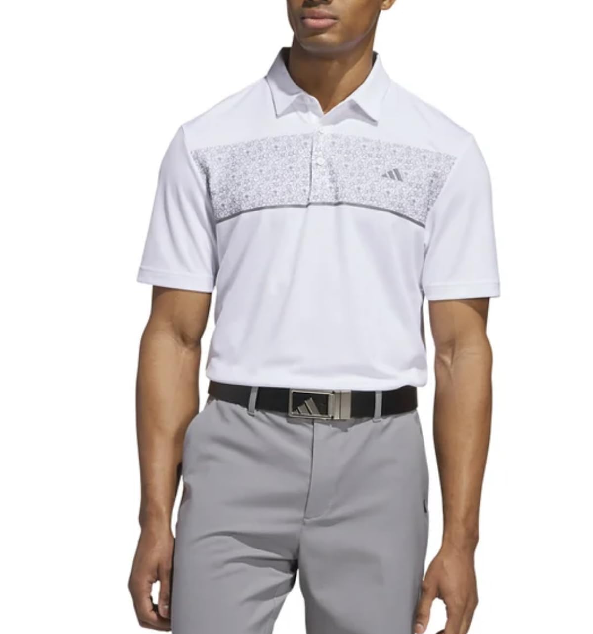 adidas Men's Stretch Short Sleeve Chest Print Golf Polo Shirt, White, Large