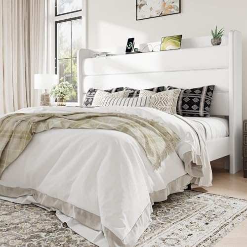 Image of Allewie King Size Upholstered Bed Frame with Charging Station, White