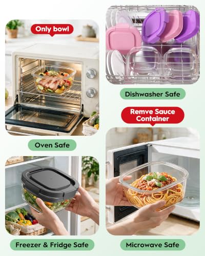 Image of Glass Salad Container,56oz Salad Bowl To Go for Lunch with Airtight Lid,Leak-Proof Sauce Container,4-Compartment Bento Tray & Reusable Fork - BPA-Free Glass Lunch Box for Meal Prep,Office(Black)