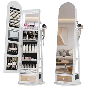 LVSOMT LED Bogen Schmuckschrank mit Spiegel, 360° Drehbar Standspiegel mit Schmuckschränke, Abschließbar Schmuckspiegelschrank mit Beleuchtung, Schmuckschrank Stehend Holz mit 3 Stufiges Regal, Weiß