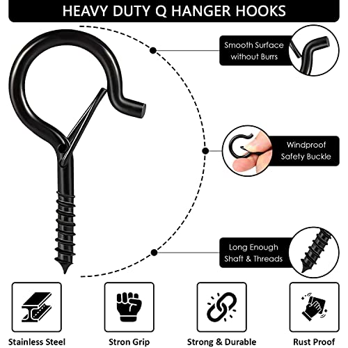 Etoolia 24 Pcs Q Hanger Hooks With Safety Buckle, Ceiling Hooks For Hanging Plants, Screw Hooks For Hanging Outdoor String Lights, Wind Chimes, Patio Lights & Party Decors, 2.2 Inches, Black #TOP5