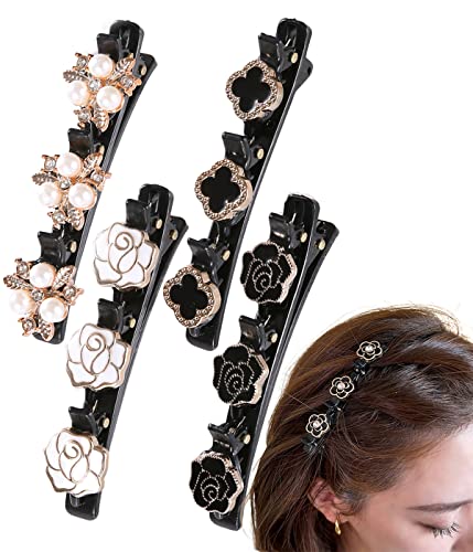 4 Stück Barrette à Cheveux Latérale à Trois Fleurs,Bandes de Cheveux en Tissu satiné,Barrette Cheveux Femme Latérale,Pinces à Cheveux tressées en Pierre de Cristal étincelante pour Les Femme Cover
