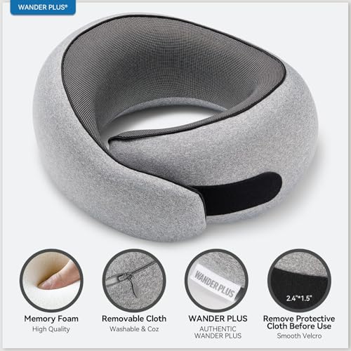 Image of WANDER PLUS Travel Pillow, 100% Pure Memory Foam Travel Neck Pillow Airplane Neck Support Ergonomic Design Best for Sleeping Plane Car Train Office Flight for Adults Grey