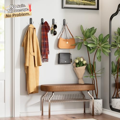 Image of TAILI Adhesive Double Hooks for Hanging, 4 Coat Hooks & 6 Strips, Black