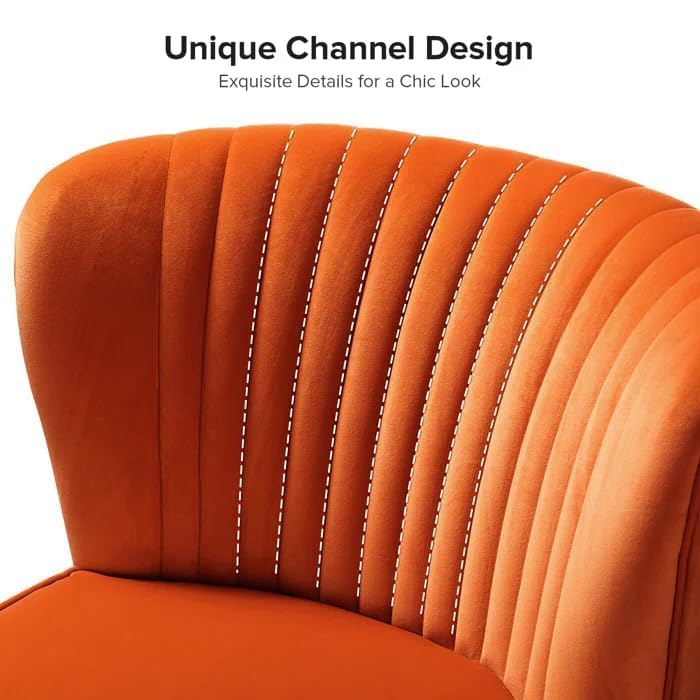 Image of Modern Upholstered Accent Velvet Chair Single Seater Channel Tufted Wing Back Chair with Golden Matel Legs for Living Room, Bedroom, Dining Room, Orange