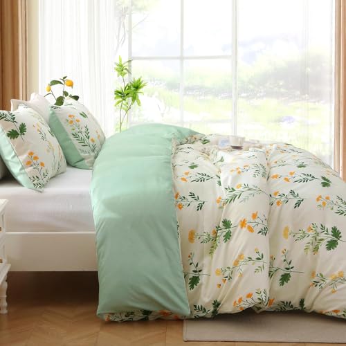 MUXHOMO Duvet Cover King Size, Reversible Floral Vintage Duvet Cover Set with Zipper Closure, 3 Pieces Botanical Patterns Soft Microfiber Bedding Set (90"x104", 2 Pillow Cases)