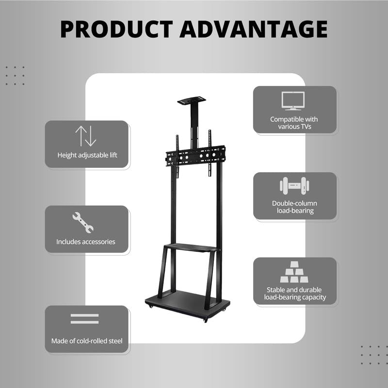 Image of Robustt TV Stand with Wheels | Fits 50-98 Inches TV | Heavy Duty Material | Tilt & Height Adjustable Rolling TV Stand | Movable TV Stand | Flexible Shelf | Cable Management - Pack of 5