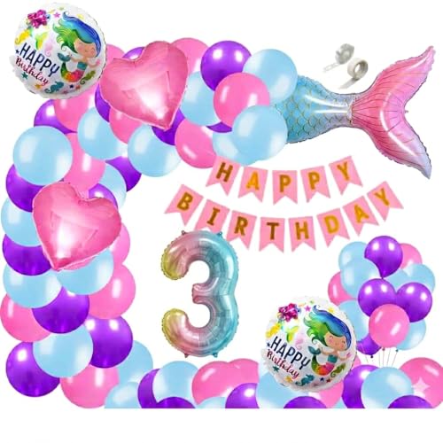 Image of 60 pcs 3rd Birthday Decoration for Girls Tail Foil Balloon Garland Rainbow Number Foil Theme Birthday Decorations Aqua Theme Birthday Decorations (Pack of 60, Multi)