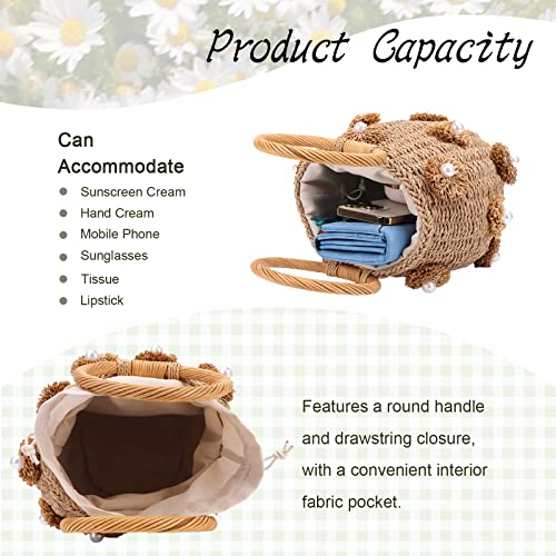 Lanpet Straw Beach Bag for Women Summer Drawstring Woven Tote Bag Flower Pearls Bucket Handbags4